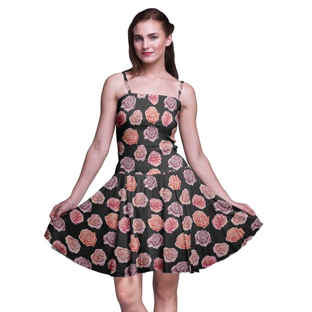 Bimba Robe Soleil Mini pour Femmes à Bretelles Spaghetti, Haut à Taille Smockée Imprimé Floral - Petit