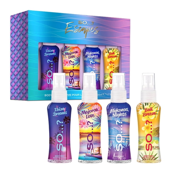So? Escapes Body Mist Gift Set - Perfumes for Women - Everyday Body Spray for Women - Vegan Cruelty-Free - Fragrance Gifts for Women - 4 pcs