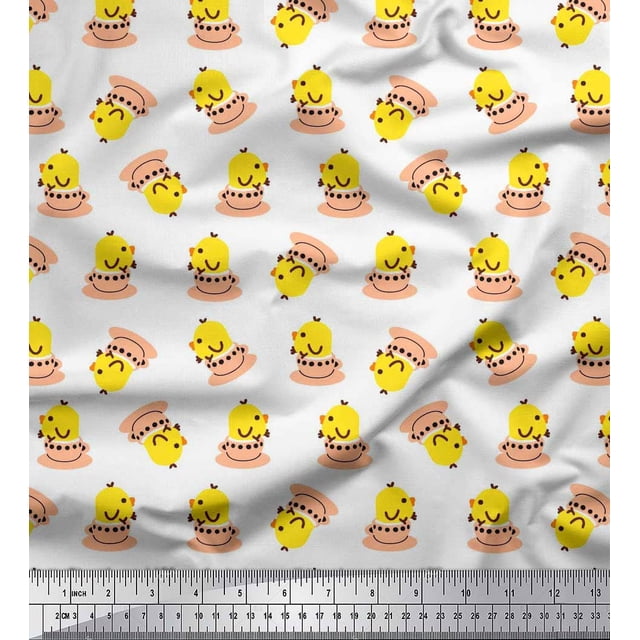 Soimoi Rayon Fabric Cup,Plate & Chick Cartoon Print Sewing Fabric Yard 42 Inch Wide