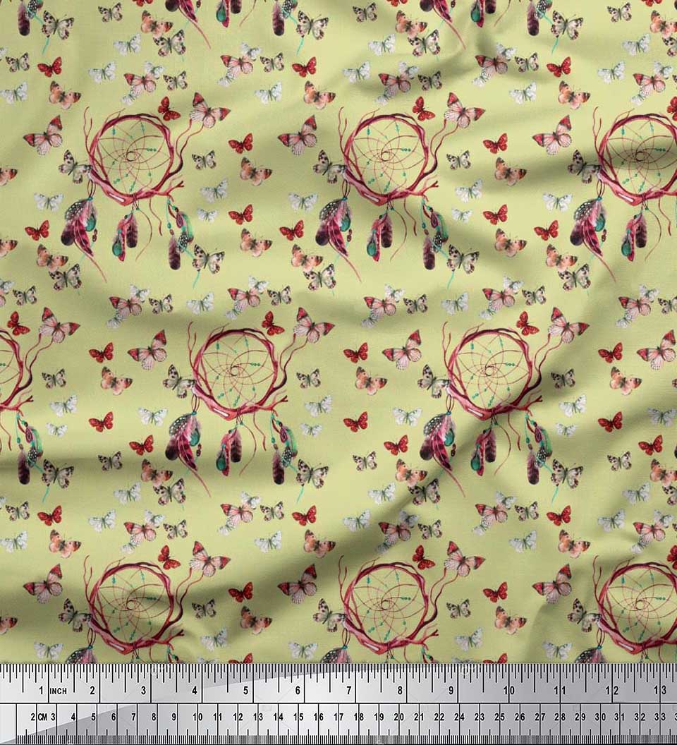 Soimoi Rayon Crepe Fabric Dream Catcher & Butterfly Print Sewing Fabric Yard 46 Inch Wide