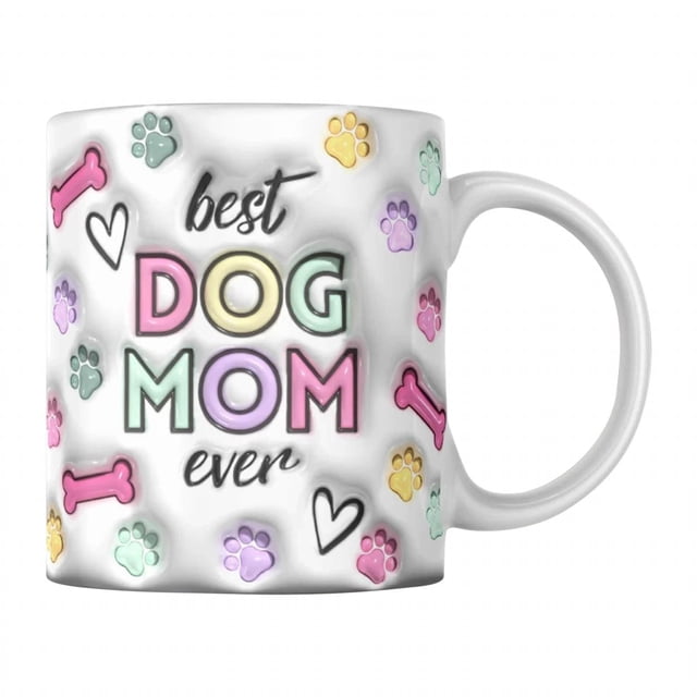 Dvkptbk Mug Mug Dog Mom Dog Inflated Mug Personalized Ceramic Mug Gift for Pet Lovers Cups. A white ceramic mug featuring colorful text that reads 'Best Dog Mom Ever' surrounded by pastel paw prints, bones, and hearts. Ideal for coffee or tea, with a 250 ml capacity and dishwasher-safe design. Perfect for gifting on occasions like birthdays, Christmas, or as a thank-you gift. A charming addition to Christmas mugs collections.