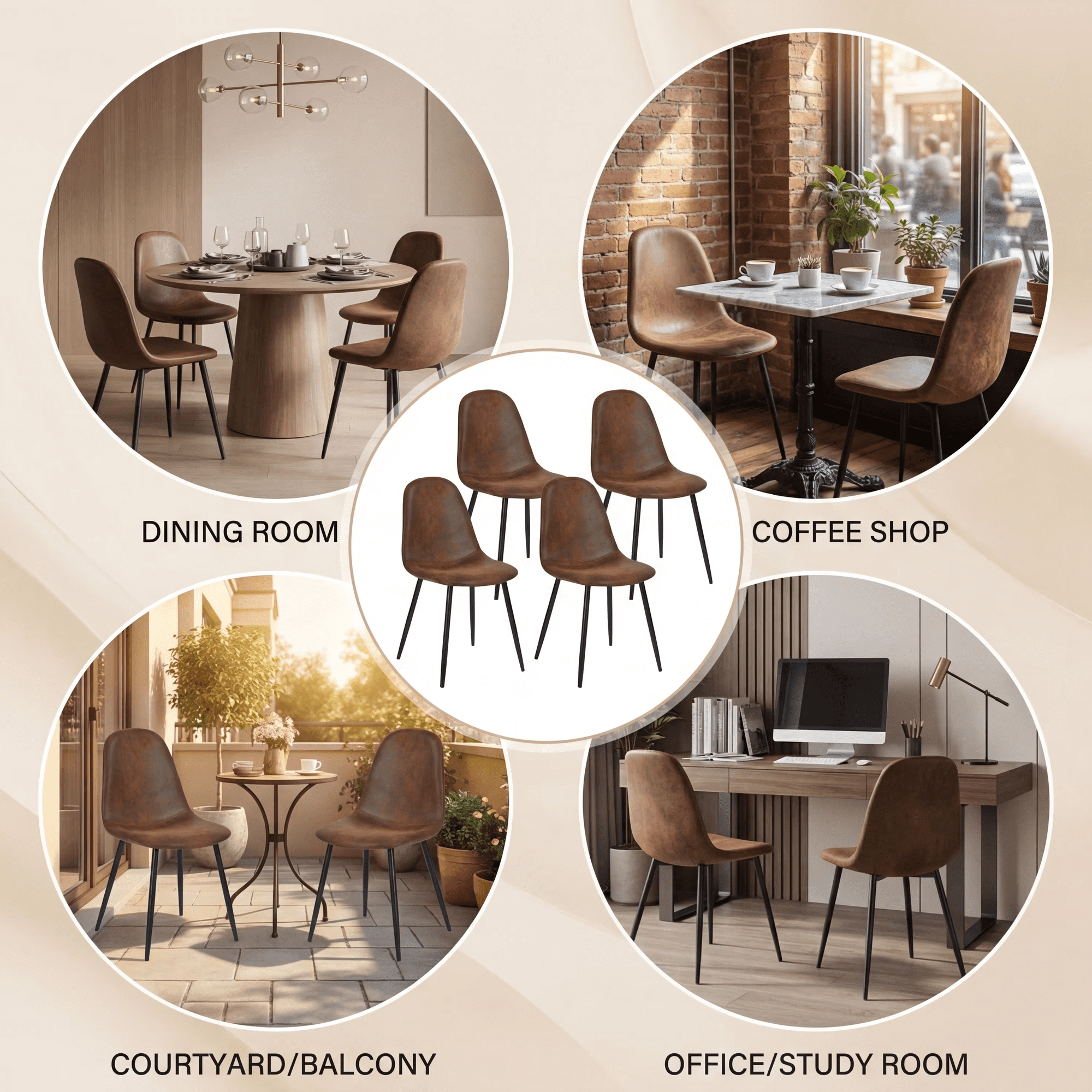 Homy Casa Kitchen Dining Chairs Set of 4, Brown Faux Suede Café Chairs with Metal Legs