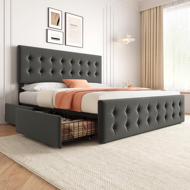 King Size Bed Frame with 4 Storage Drawers and Headboard, Linen Upholstered Platform Bed Frame with Wooden Slats Support, Button Tufted Design, No Box Spring Needed, Light Grey