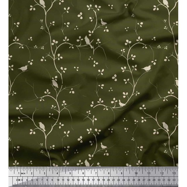 Soimoi Velvet Fabric Branches,Leaves & Bird Decor Fabric Printed Yard 58 Inch Wide