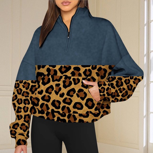 2023 Chandail à Capuchon Surdimensionné pour Femmes Mode Automne Hiver Imprimé Léopard Décontracté Sport Col Rond Survêtements Manches Longues Revers Fermeture Éclair Chandails à Capuchon Costumes d'Halloween/Noël Rabais de 50 % Liquidation