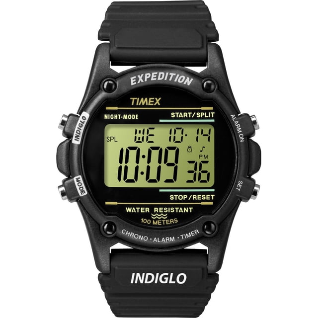 Timex® Expedition® Atlantis Men's Digital Watch, front-facing rectangular digital display and resin case; displays month, day and date, 24-hour time and two time zones; INDIGLO night-light, 1-hour chronograph with lap/split, 99-lap counter, 24-hour countdown timer and daily alarm; neutral studio background; suitable as a compact travel alarm or workout stopwatch.