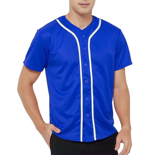 TOPTIE Men's Baseball Jersey Plain Button Down Shirts Team Sports Uniforms-Blue White-2XL