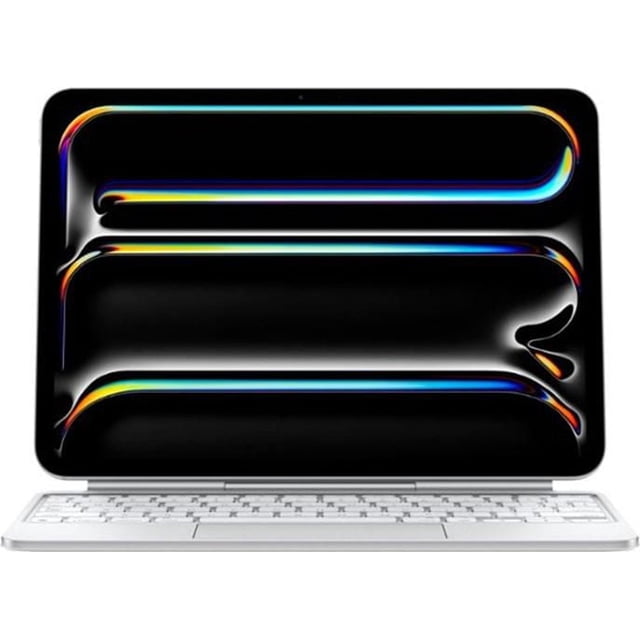 Apple Magic Keyboard for iPad Pro 11‑inch (M4) featuring a white backlit keyboard with scissor switch keys and a large glass touchpad with haptic feedback, housed in a foldable case with machined aluminum hinge and USB-C pass-through charging, shown front-facing with the iPad Pro attached, suitable for precise editing and multitasking.