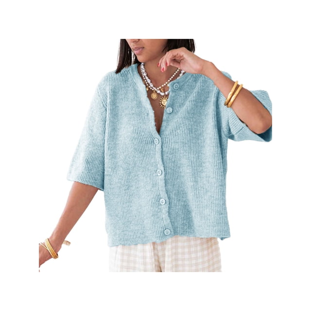 Gupgi Knitted Crop Cardigan for Women Short Sleeve Button Down Sweater Solid Color Ribbed Tops