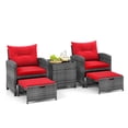thumbnail image 2 of Costway Ensemble de Jardin 5 Pcs en Rotin Rouge, Comprenant 2 Poufs et une Table Basse en Verre Trempé., 2 of 9