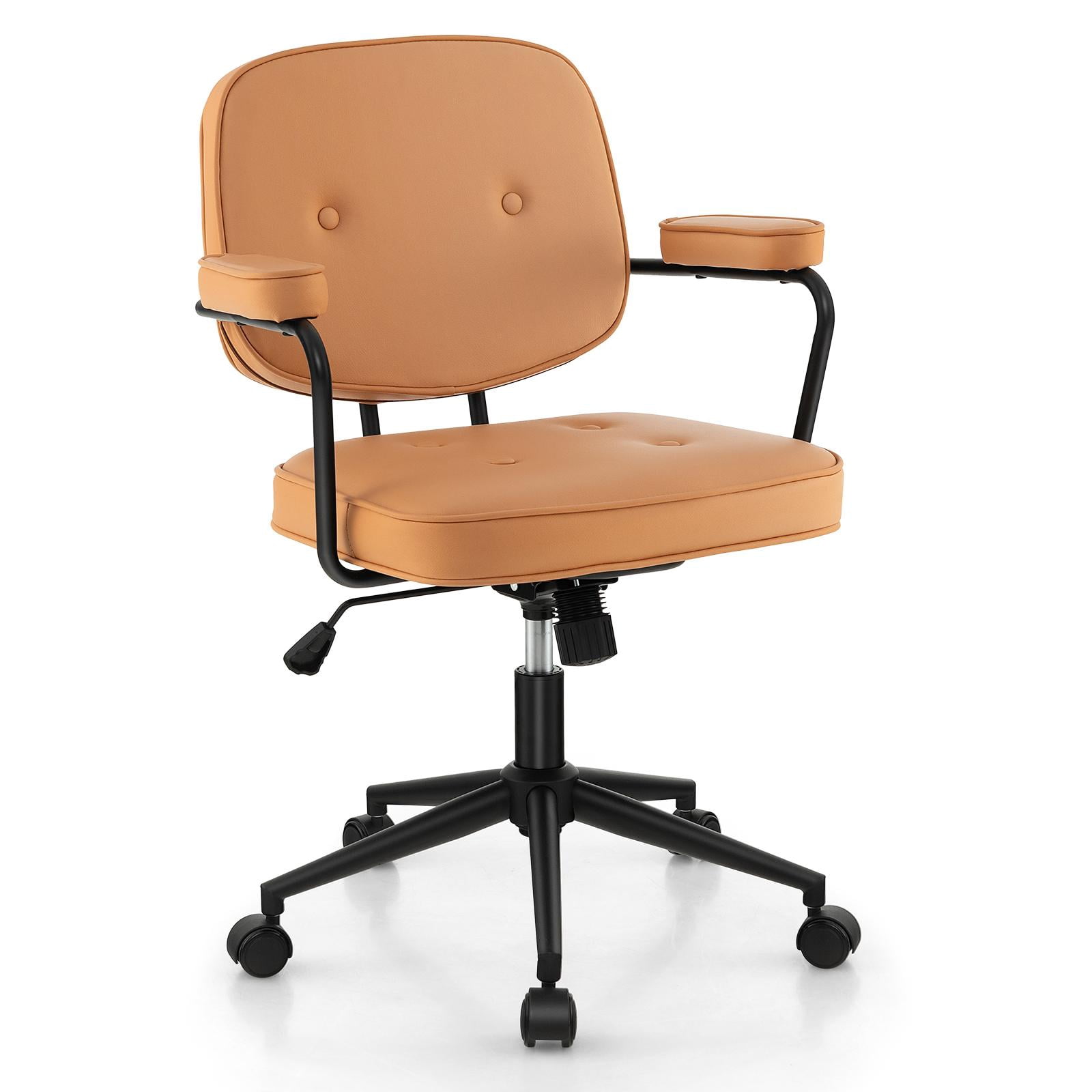 Giantex Mid Century Leather Office Chair, Height Adjustable Desk Chair w/Rocking Backrest, Upholstered Swivel Leisure Task Chair