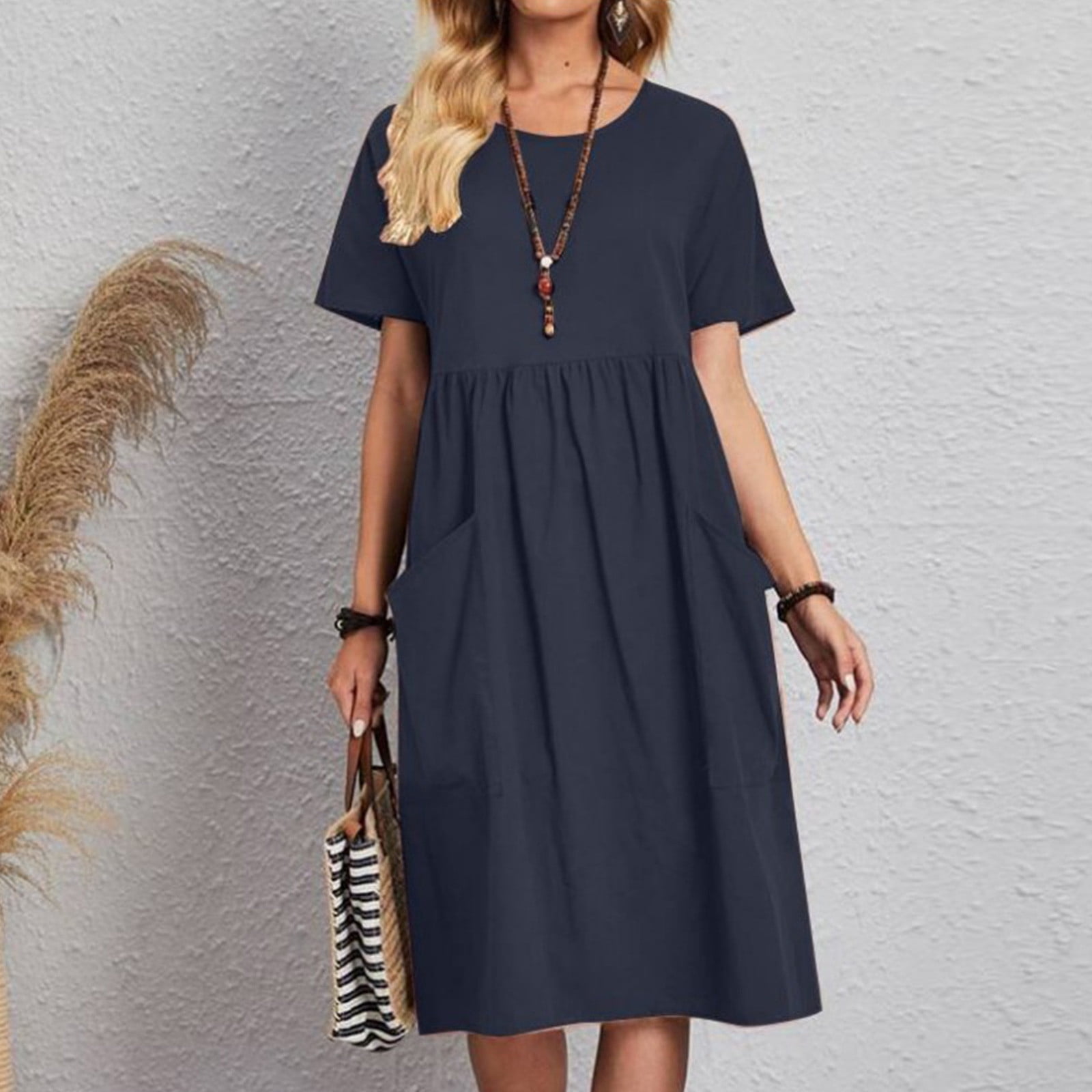 Gspmoly Robes pour Femmes, Mode Femmes Été Décontracté Col Rond Manches Courtes Taille Haute Robe Robes Formelles pour Femmes jusqu'à 65 % de Rabais