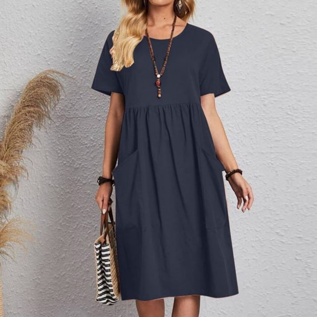 Gspmoly Robes Décontractées pour Femmes, Mode Femmes Été Décontracté Col Rond Manches Courtes Taille Haute Robe Robes de Travail pour Femmes Offres Hebdomadaires