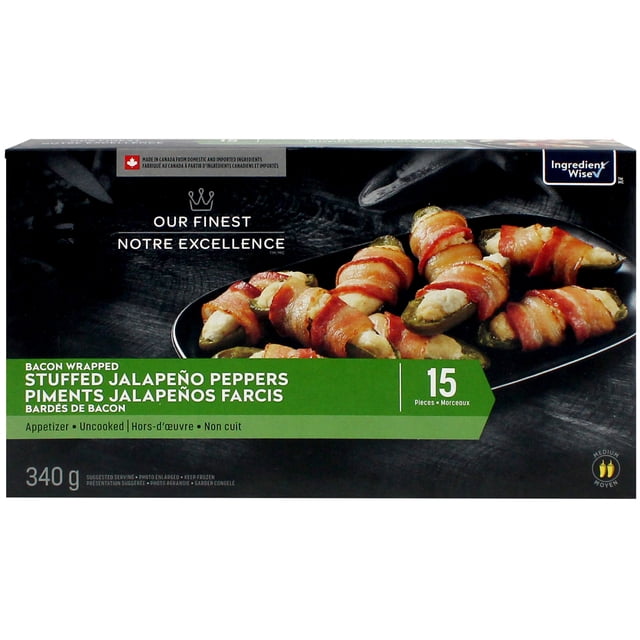 Our Finest Bacon Wrapped Stuffed Jalapeño Peppers box displaying 15 uncooked jalapeño peppers filled with cream cheese and wrapped in bacon on a black plate, medium spice level, 340 g, made in Canada with Ingredient Wise certification, suitable as frozen appetizer snacks.