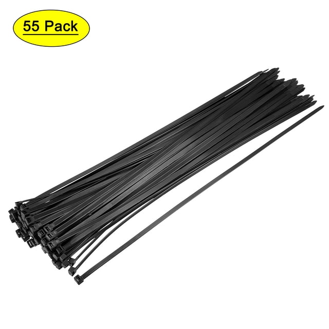 Unique Bargains 55pcs Cable Zip Ties, 20 Inch x 0.22 Inch Self-Locking Nylon Tie Wraps in black. A bundle of flexible, single-use nylon ties with a ratcheting mechanism for secure fastening. Ideal for organizing cables or securing items, featuring rounded edges for easy handling and locking teeth for adjustable length.