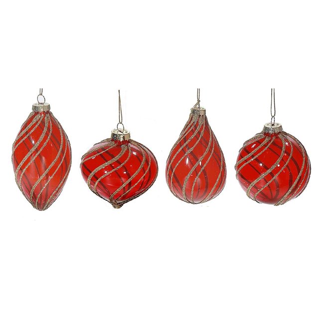 Red Glass Ornament With Gold Glitter - Set of 12 featuring red glass Christmas ornaments with gold glitter swirl patterns in varied shapes including elongated, round, teardrop, and flattened, each with silver caps and hanging loops, suitable for decorative home accents.