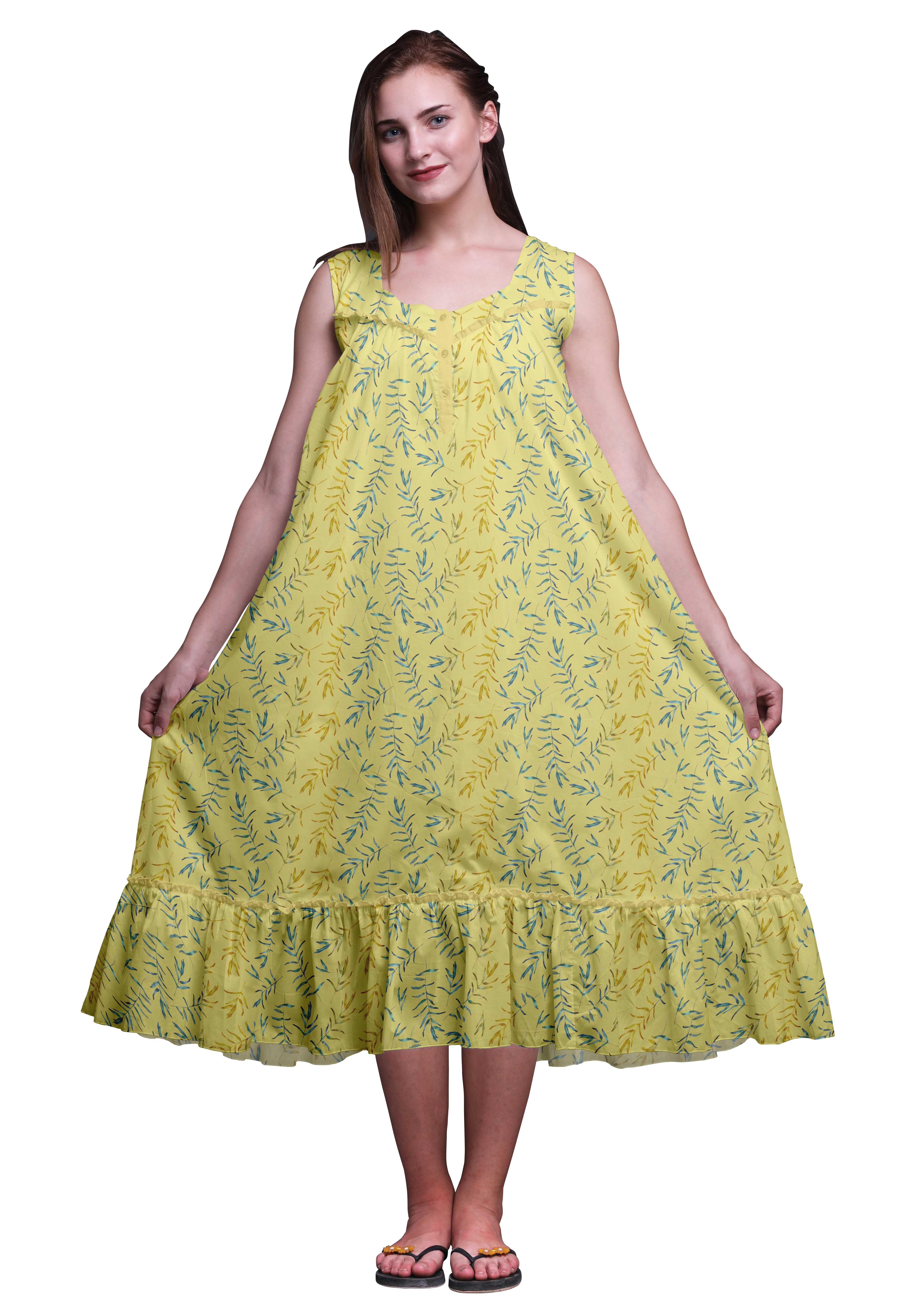 Bimba Chemises de Nuit en Coton Jaune Moyen à 2 Feuilles et Fleurs Imprimées pour Femmes, Robe Sans Manches, Tenue de Nuit, Robe Maxi X-Small