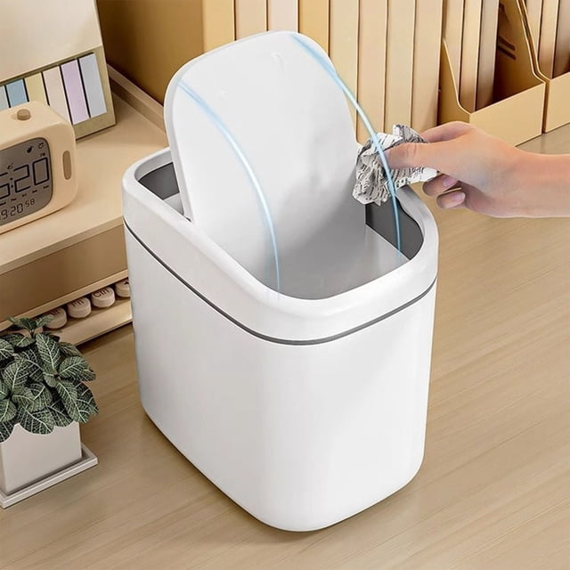 Wuztai Slim Desktop Trash Can, Small Plastic Wastebasket for Home Office, Space-Saving Desk Garbage Bin with Anti-Slip Base, White Beige Storage Container for Living Room Car Restaurant