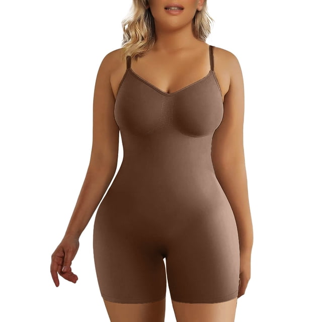 PEASKJP Shapewear Thong for Women Firm Control Crew Neck Body Suits for Womens Ribbed Seamless Tops, Coffee S