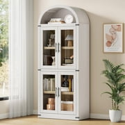 Arched Bookshelf with Doors Farmhouse Bookcase 15.83 in Depth Display Storage Shelves 71.4 in Tall Wooden Display Cabinet Rounded Bookcases for Living Room, Kitchen, Office (White)