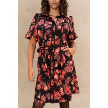 ELEVENMTL Black Floral Puff Sleeve Shirt Dress with Belt