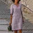 thumbnail image 3 of Zmoon Women's Cotton Linen Small V-Neck Retro Three-Quarter Sleeve Dress, 3 of 5