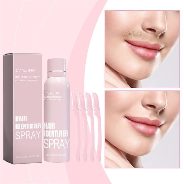 Hair Identifier Spray Dermaplaner Set, featuring a 100ml bottle of hair identification spray and pink facial razors. The spray highlights fine facial hair for precise shaving, deeply moisturizes skin, and forms a refreshing protective layer. Perfect for facial shaving and skin care routines, with ergonomic razors and sleek pink packaging.