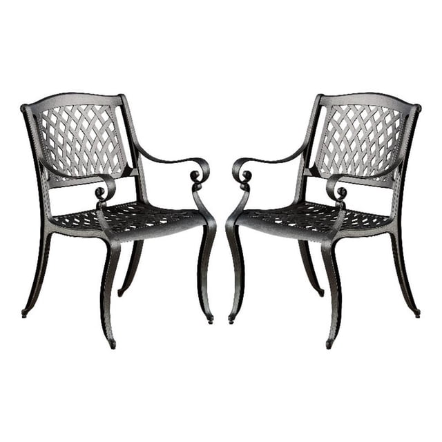 Pemberly Row Outdoor Dining Chair Set of 2 Mesh Style Back Black Cast Aluminum
