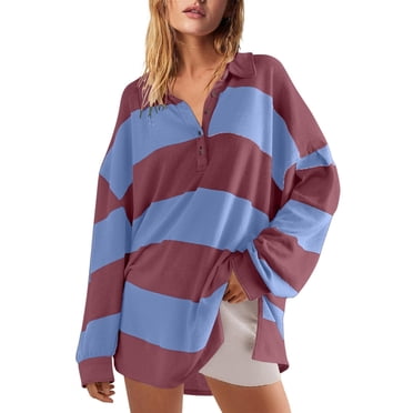 Huaizzzy Oversized Sweatshirts Women Fall Button Lapel Hoodies Long Sleeve V Neck Striped Color Block Tops Tunics for Women Summer Women Running Long Sleeve Long Sleeve Tee Compression Shirts Women