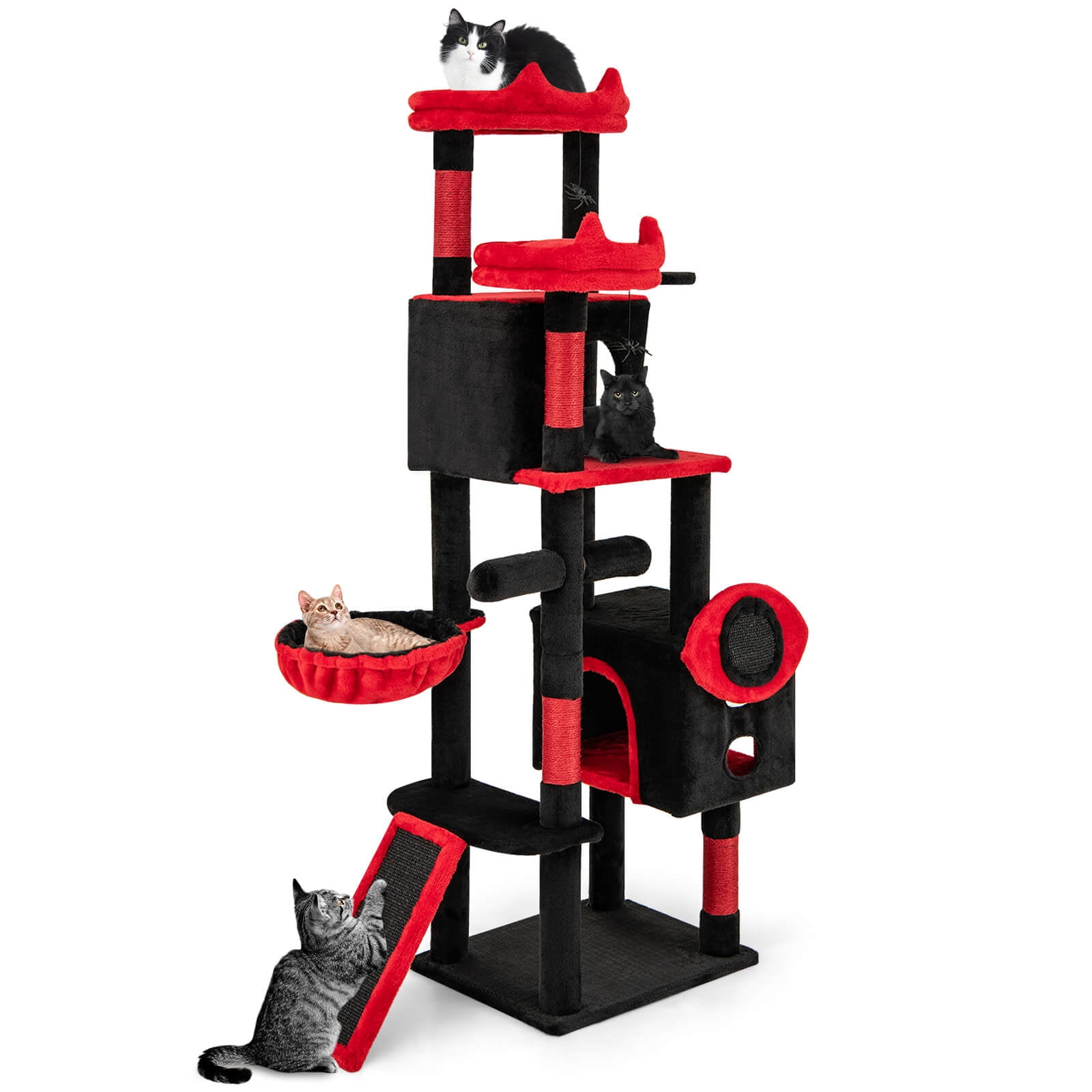 Costway Gothic Cat Tree for Indoor Cats with 2 Cat Condos & 2 Plush Perches, Dangling Balls
