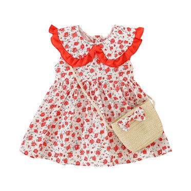 Penkiiy Toddler Baby Girl Summer Out Lace Doll Collar Bow Sleeveless Floral Dress With Hat Special Occasion Dresses 18-24 Months Red On Sale