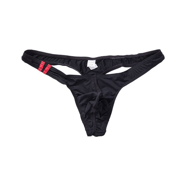 TheFound Men's Underwear Simple Breathable Low Cut Thong Underwear in black, featuring a low-rise waistband with red accent stitching on the sides. Made from polyester, this thong is designed for comfort with a contoured front panel and stretchy, skin-friendly fabric. Suitable for all seasons and available in multiple sizes.