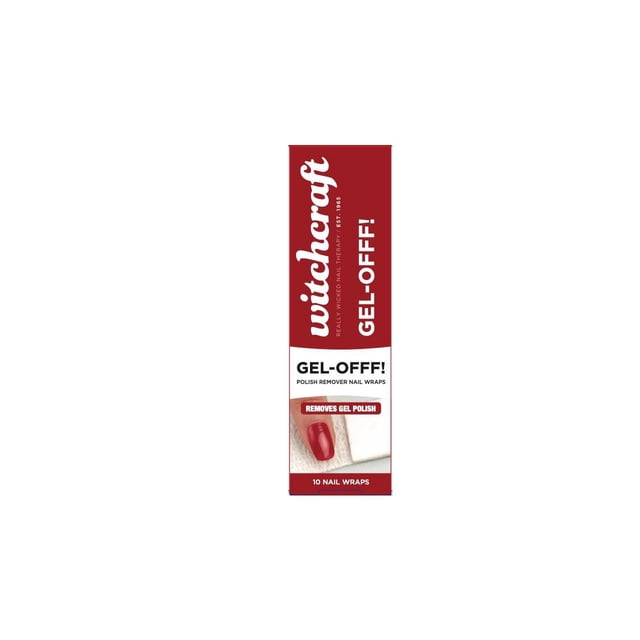 GEL-OFFF! Polish Remover Nail Wraps by Witchcraft, a red and white vertical package containing 10 acetone-soaked wraps for quick and easy gel polish removal, shown with a close-up of a red polished fingernail on a white cloth.