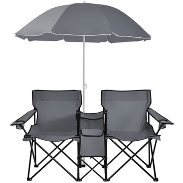 Topbuy Chaise Double Pliante Portable de Pique-Nique avec Parapluie et Mini Table Chaise de Camping Extérieure pour la Plage Gris