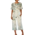 thumbnail image 4 of PEZHADA Ensembles 2 Pcs pour Femmes Ensembles Assortis de Détente Deux Pièces Pantalons en Lin Col Ras du Cou Manches Courtes Hauts Vêtements de Détente Pyjamas Vêtements Tendance Ensemble de Vacances d'Été Vert, 4 of 6