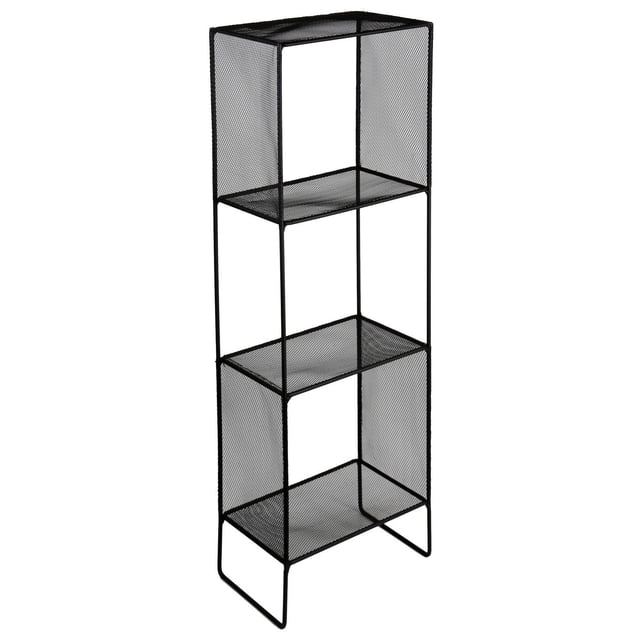 Era Tour Métallique à 4 Niveaux en Treillis Métallique Noir avec Quatre Étagères Ouvertes, Mesurant 10,35 par 31,60 Pouces, Conçue pour le Rangement de Salle de Bain et l'Organisation des Articles de Toilette, Serviettes et Papier Hygiénique, Convient aux Petits Espaces et à la Déco Moderne.