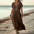 thumbnail image 2 of UPPADA Robe d'Été pour Femme Grande Taille en Coton et Lin, Robe Maxi Fluide à Manches Courtes, Robe Décontractée Style Sundress à Col en V, Taille Portefeuille, Robes Fluides de Plage, Robes pour Femme Été Brun, P, 2 of 6