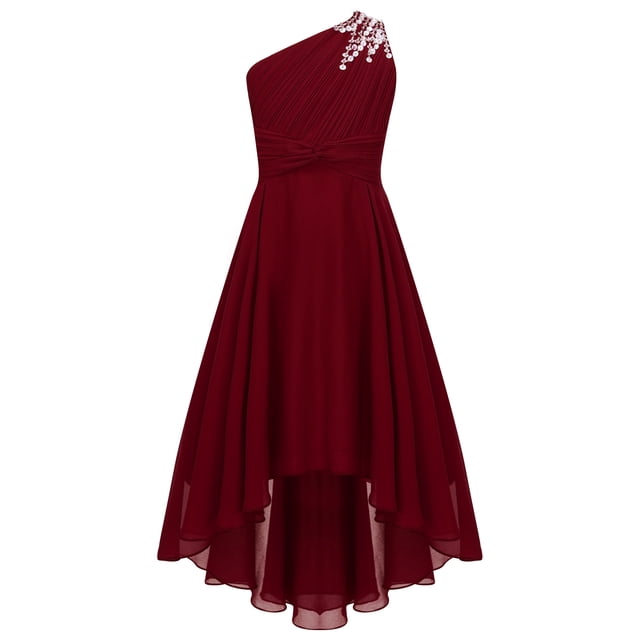 Raenseen Robe de Demoiselle d'Honneur Junior pour Fille, Fleurs, pour Mariage, Froncée, une Épaule, Fête, Ourlet Haut-Bas, Bal, Bourgogne 16
