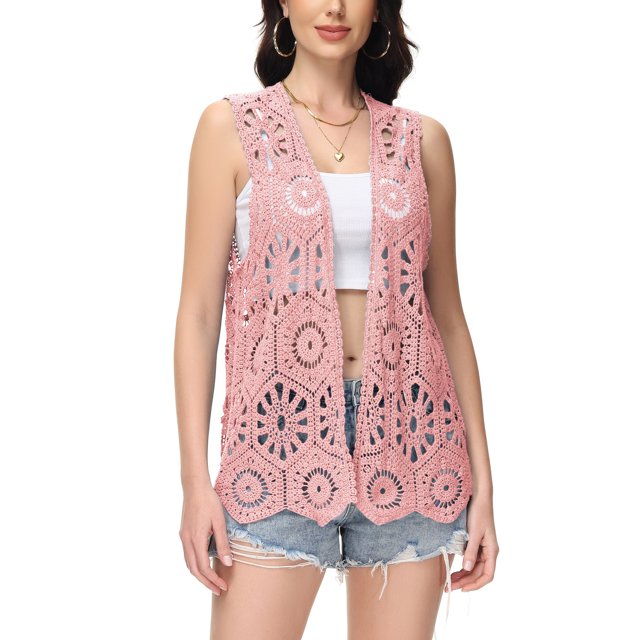 Cardigan Ouvert pour Femmes à Garniture en Dentelle Crochet Florale