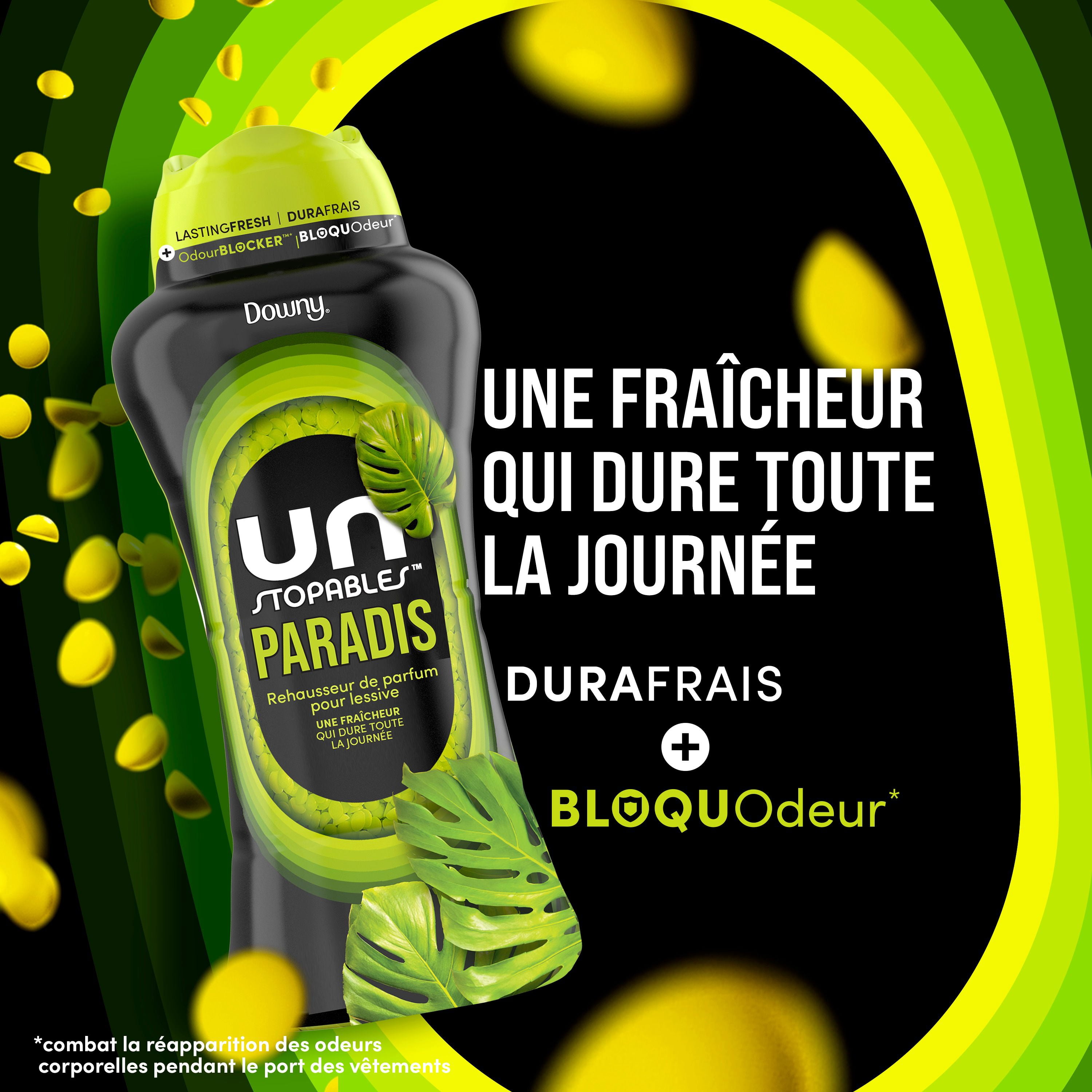 Perles de rehausseur de parfum pour lessive Downy Unstopables, parfum Paradis, perles pour la lessive pour protéger contre les odeurs, perles rehausse-parfum Downy, rehausseurs de parfum pour lessive