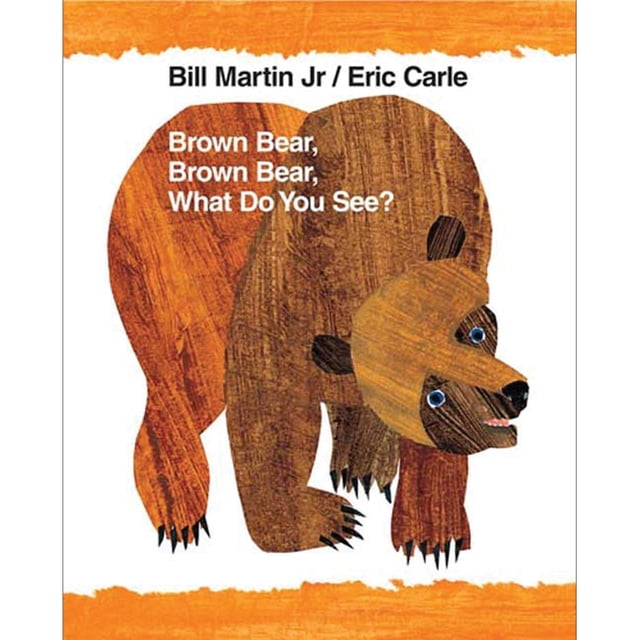 The cover of the oversized edition of 'Brown Bear, Brown Bear, What Do You See?' by Bill Martin Jr. and Eric Carle, featuring an illustration of a brown bear with textured fur and blue eyes on a white background with orange borders. Published by Macmillan Publishers for the 25th anniversary in 1992.