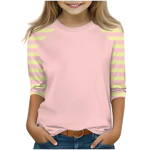 SERTG T-Shirt Mode Enfant Col Rond Manches 3/4 Imprimé Col Rond pour Été et Printemps 4-15 Ans (Rose4,5 Ans)