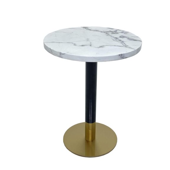 Modern Roza Dining Table in White Faux Marble with Black and Gold Brass Base Details – A Chic and Compact Design, Perfect for Small Spaces or Restaurants, Combining Contemporary Elegance with Practica