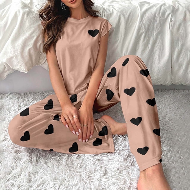 Ensembles de Pyjama Mignons pour Femmes, Débardeurs Sans Manches à Volants, Pantalons de Nuit Amples à Col Rond, Tenues de Détente, Kaki G