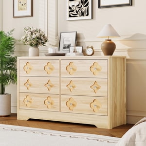 6-Drawer Poitrine de rangement de la commode 47.2In Grand coffre de tiroirs avec des couteaux en cristal et des diapositives cachées pour chambre à coucher Salon Hallway Oak