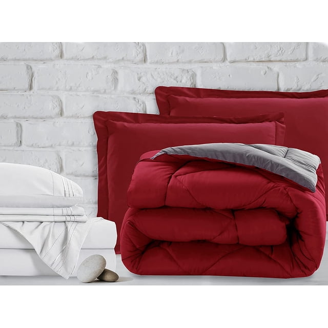 Mocassi 7-Piece Bed-in-a-Bag Comforter & Sheet Set 7-Piece Queen Size Bed-in-a-Bag, Super Cozy Bed Sheets and Comforter Set, Wrinkle and Stain Resistant, Red/Gray