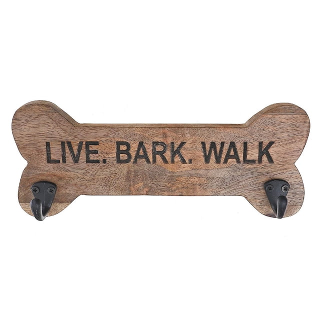 Wood Bone Shape Live Bark Walk With 2 Black Hooks, a wooden bone-shaped wall decor featuring 'LIVE. BARK. WALK' text in black with two black metal hooks for hanging small items, measuring 12 by 2.5 by 4.75 inches, ideal for entryway or closet organization.