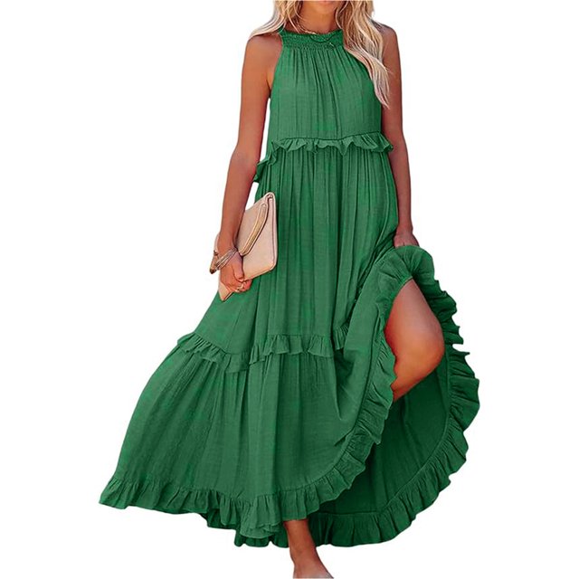 Robes Grande Taille Robe Maxi Sans Manches Décontractée Fluide à Volants Élégante Robe de Soleil Unie Verte m