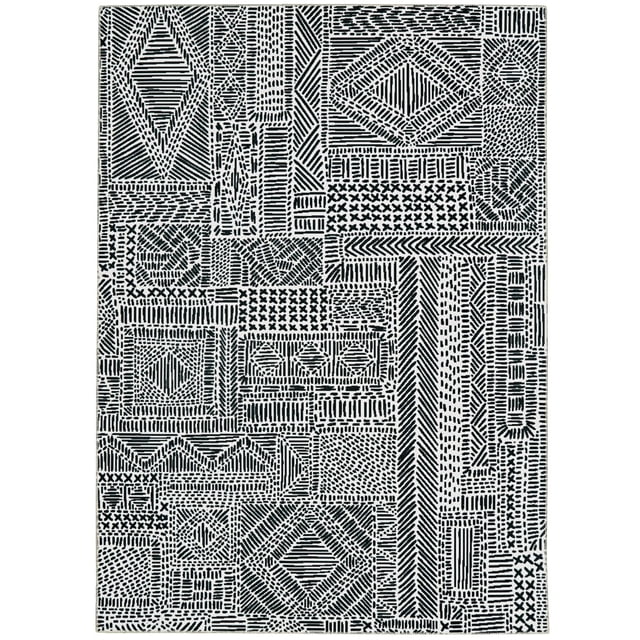Cayden 3' x 5' washable accent rug in ivory and black featuring a geometric patchwork of linear and crosshatched patterns, made of stain-resistant 100% polyester with a nonslip backing, designed for high traffic areas and machine washable for easy care, also suitable for craft rooms or rental properties.