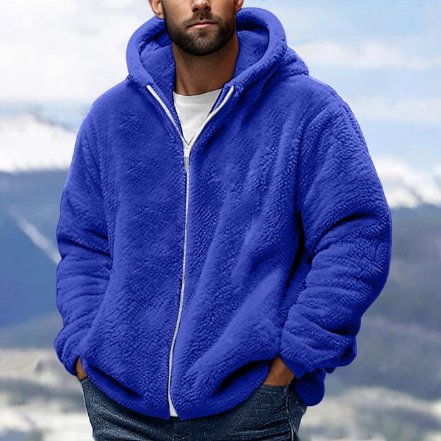 TIMIFIS Blue Men's Heavyweight Fuzzy Sweatshirt Jacket Zip Up Coat Fashion Fleece Warm Jacket